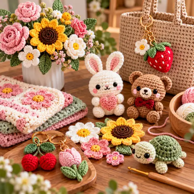 Collection of colorful crochet projects including flowers, amigurumi, keychains, and small handmade patterns.