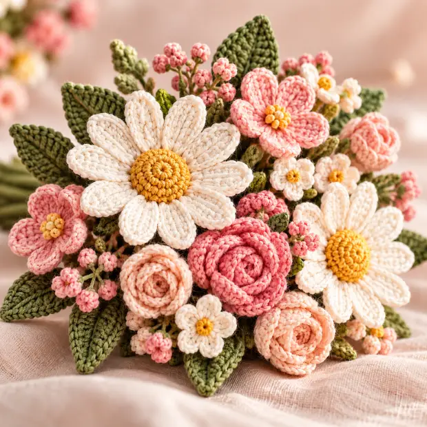 Pink and cream crochet flower bouquet with green leaves.