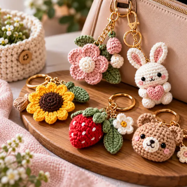 Handmade crochet keychains and bag charms featuring flowers, a bunny, strawberry, sunflower, and bear designs.