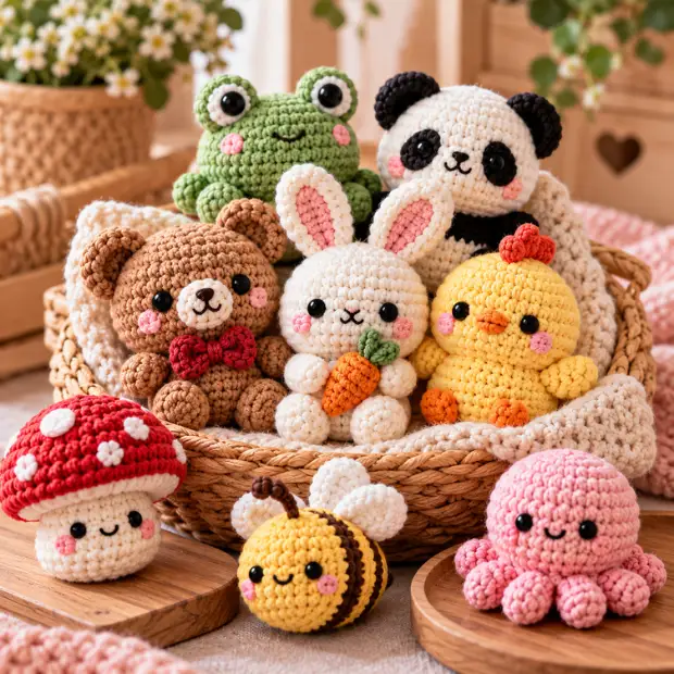 Cute no-sew crochet amigurumi animals and mini plush toys arranged in a cozy handmade basket.