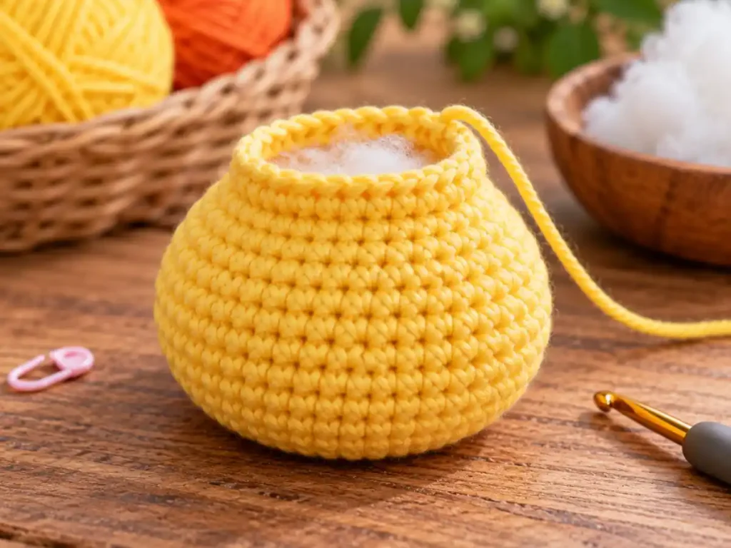 Crochet duck pattern body after Round 10 showing the rounded yellow body and an open 18-stitch edge ready to continue into the head.