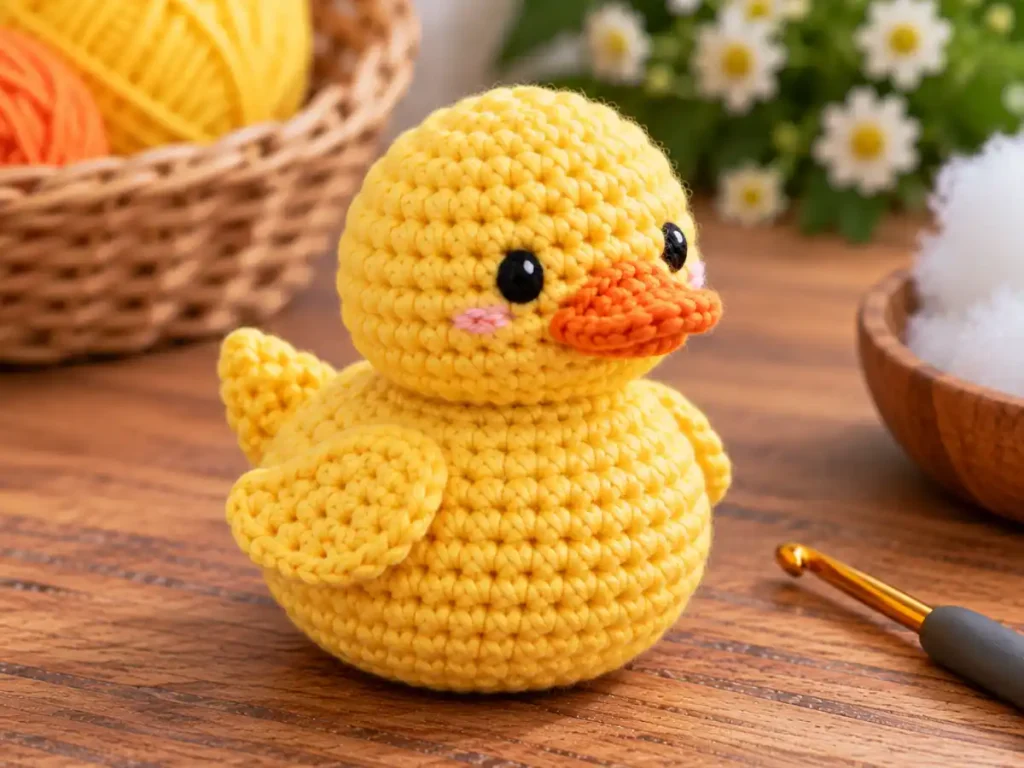 Crochet duck pattern showing the orange beak crocheted directly onto the head with embroidered eyes and finished no-sew details.