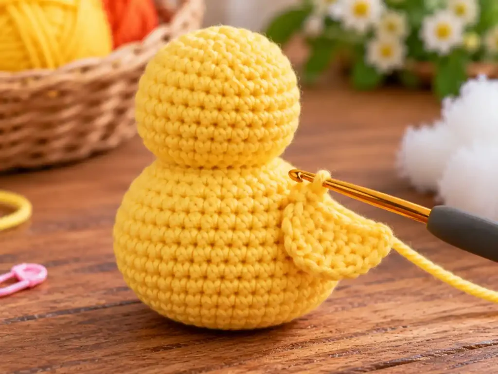 Crochet duck pattern showing a yellow wing crocheted directly onto the side of the amigurumi body without sewing on a separate piece.
