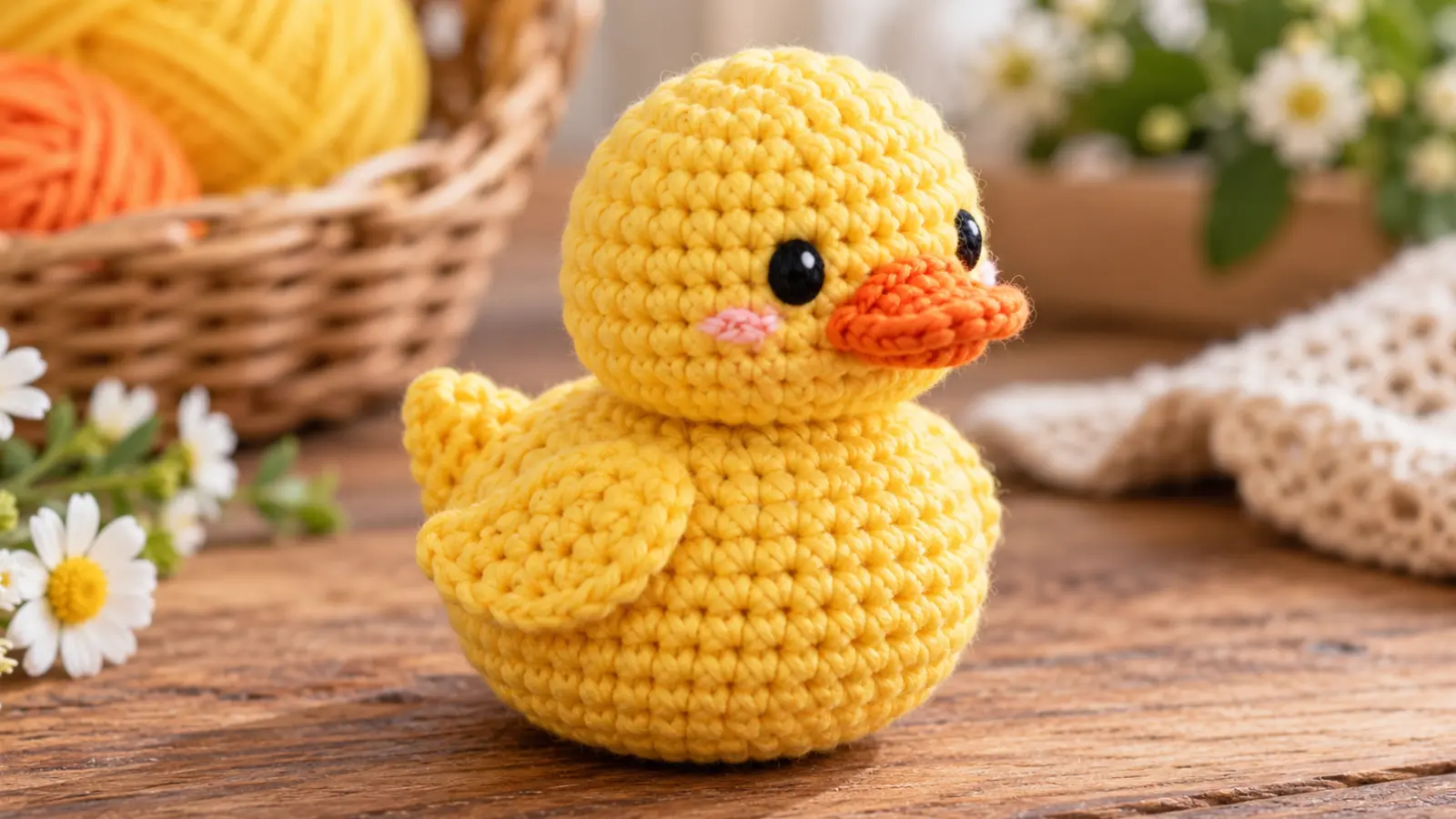 Crochet duck pattern showing a finished yellow no-sew amigurumi duck with small wings, an orange beak, tiny tail, and embroidered eyes.