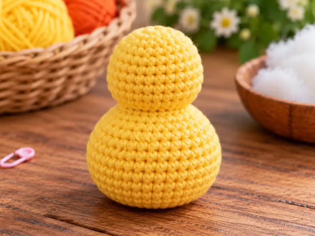 Crochet duck pattern showing the completed one-piece yellow body and head before adding the wings, tail, beak, and face.