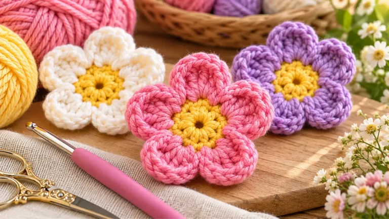 Easy crochet flower pattern featuring a pink five-petal flower with a yellow center beside yarn and a crochet hook.