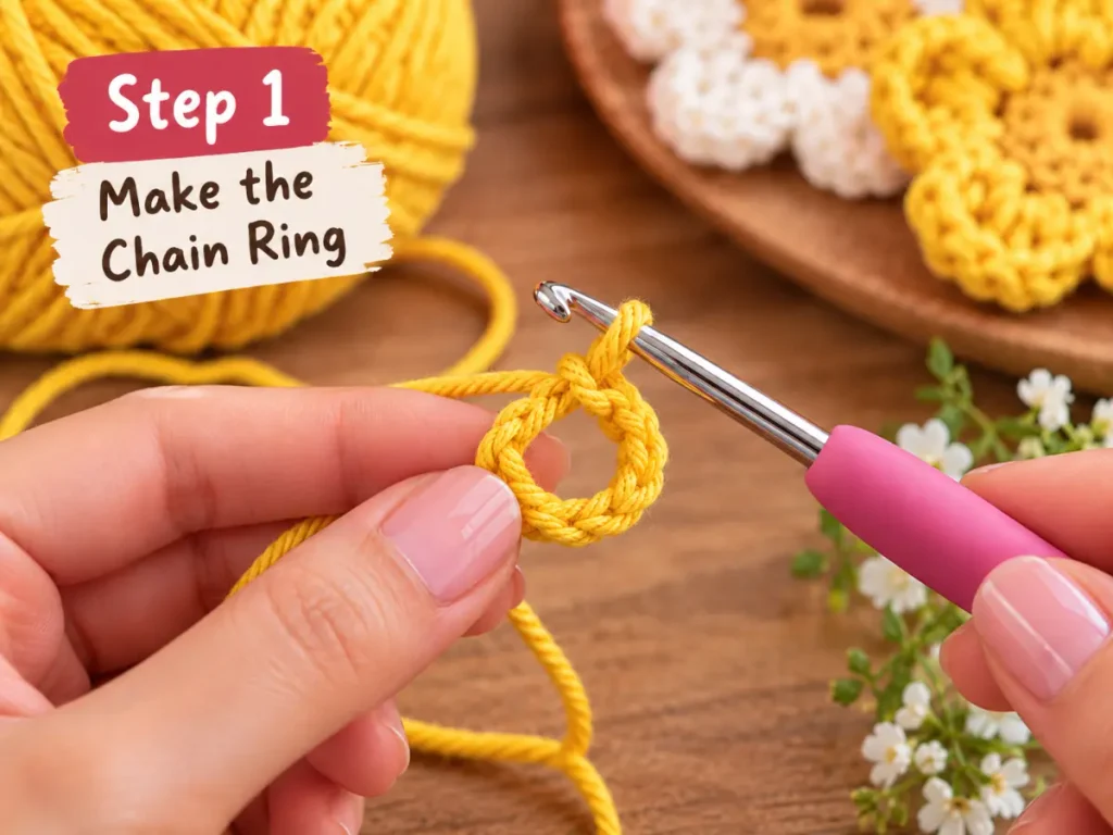 Step 1 of an easy crochet flower pattern showing a five-chain ring joined with a slip stitch.