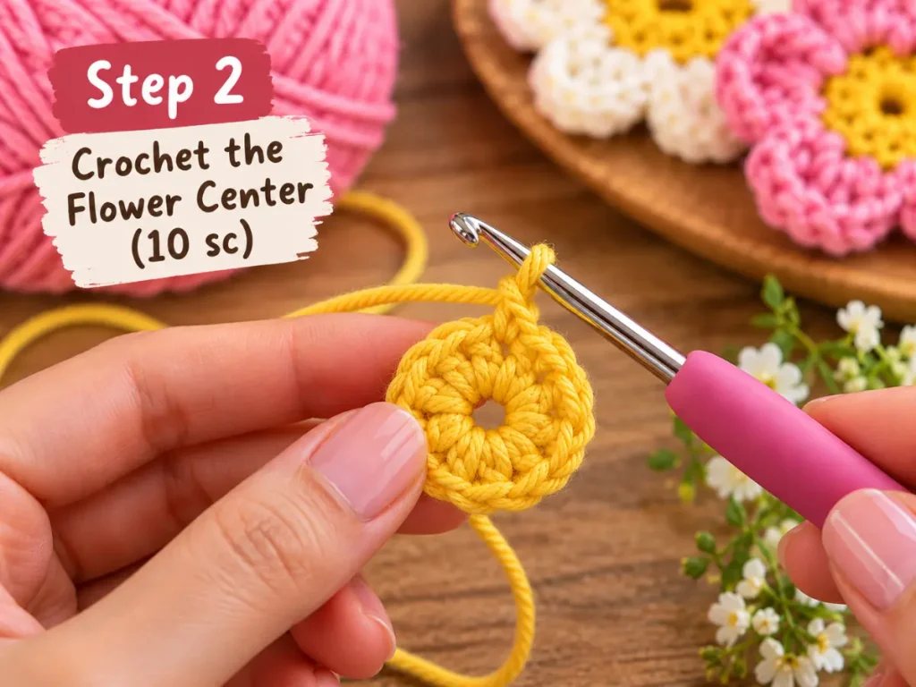 Step 2 of an easy crochet flower pattern showing 10 single crochet stitches worked into the chain ring.