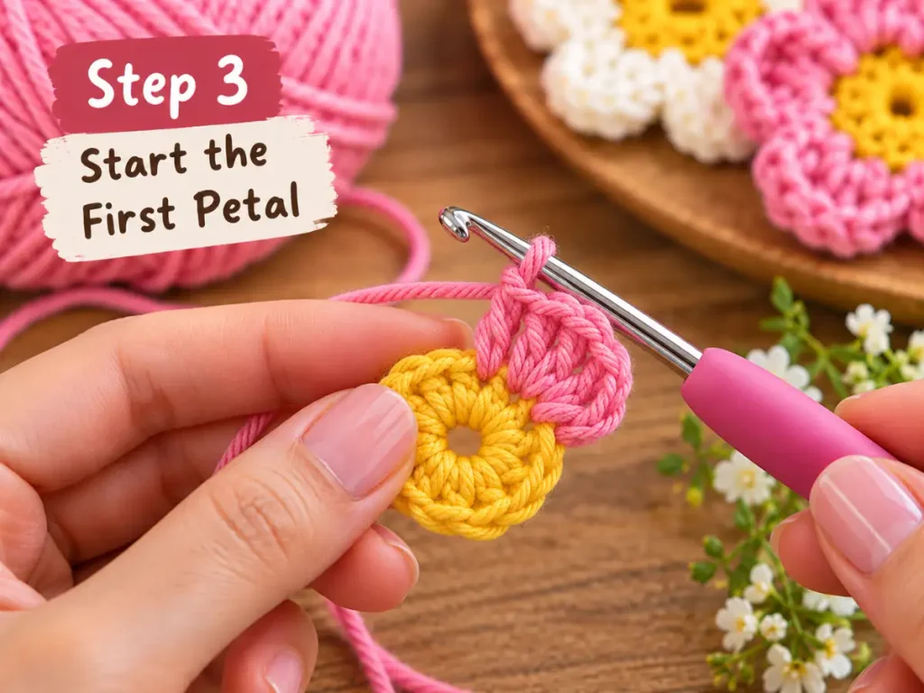 Step 3 of an easy crochet flower pattern showing the first pink petal worked into the yellow flower center.