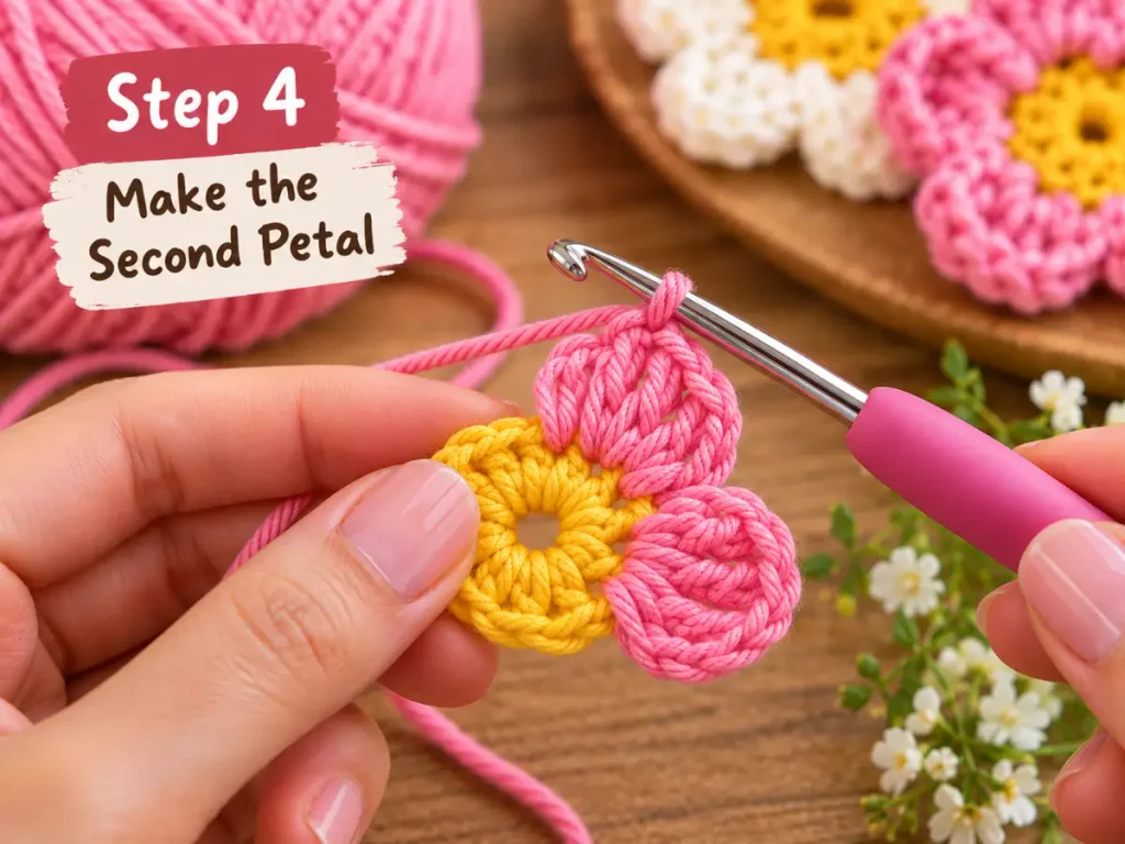 Step 4 of an easy crochet flower pattern showing the second pink petal worked around the yellow flower center.