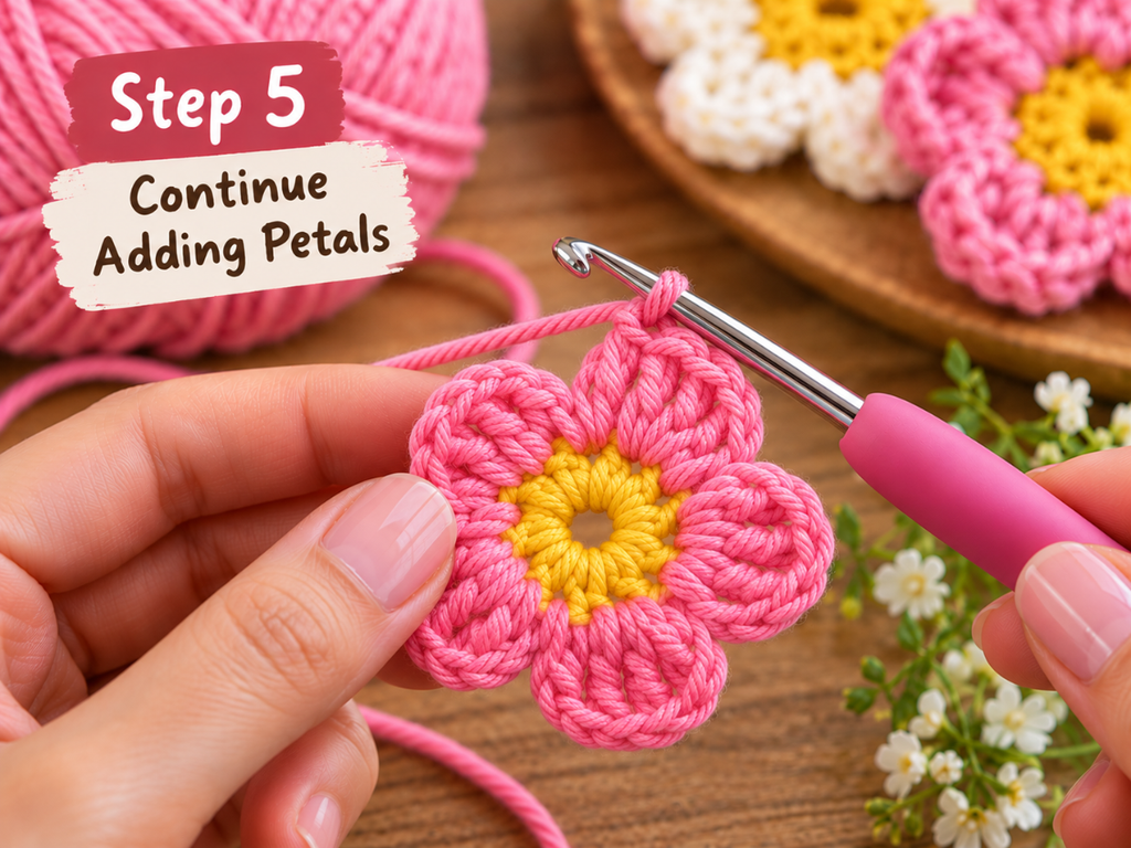 Step 5 of an easy crochet flower pattern showing five pink petals completed around the yellow flower center.