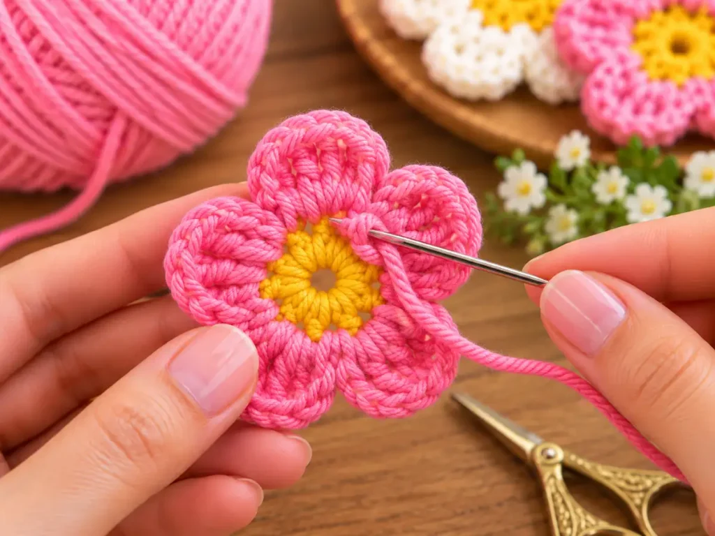 Step 6 of an easy crochet flower pattern showing the yarn tail being woven into the finished five-petal flower.