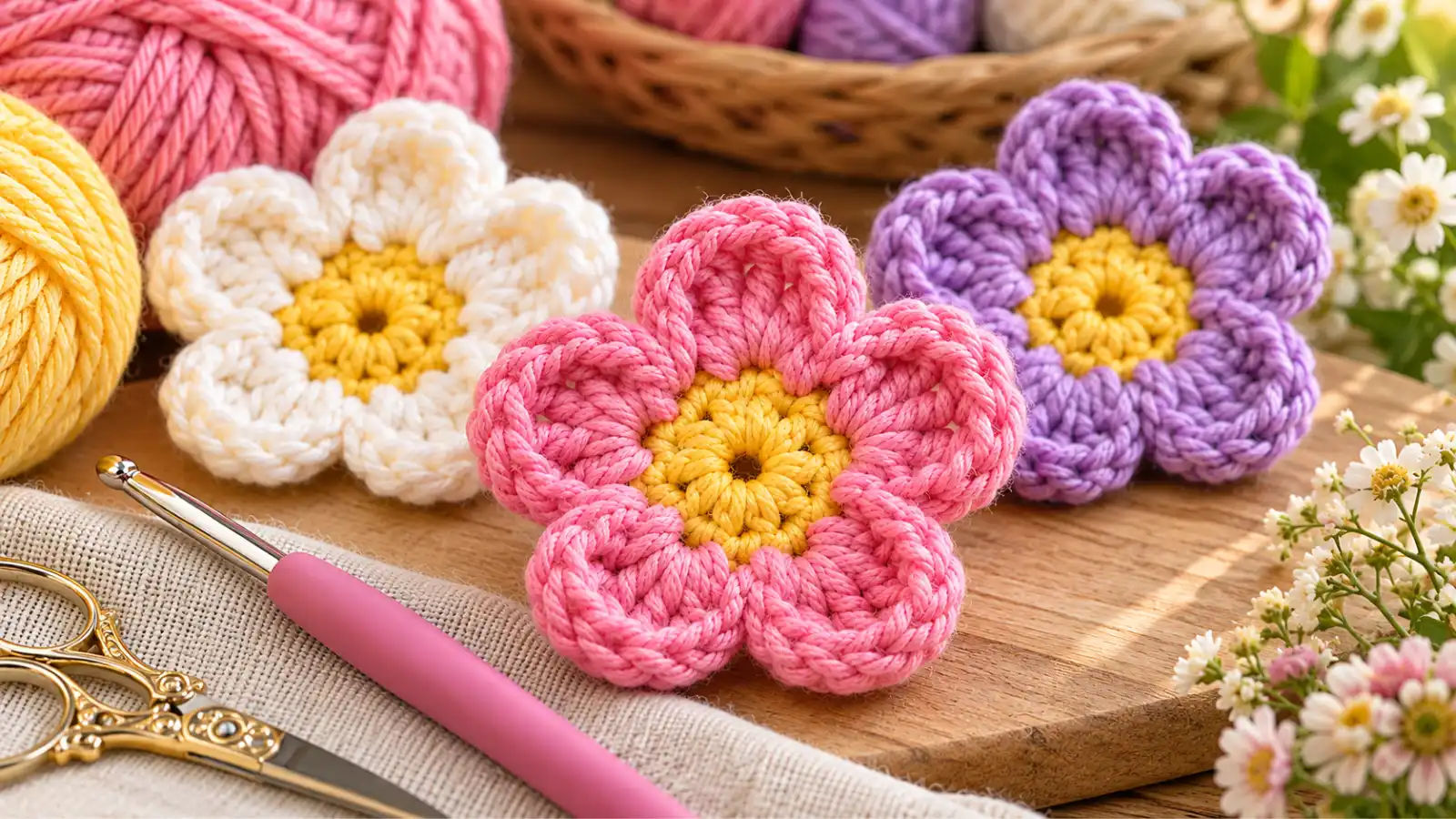Easy crochet flower pattern featuring a pink five-petal flower with a yellow center beside yarn and a crochet hook.